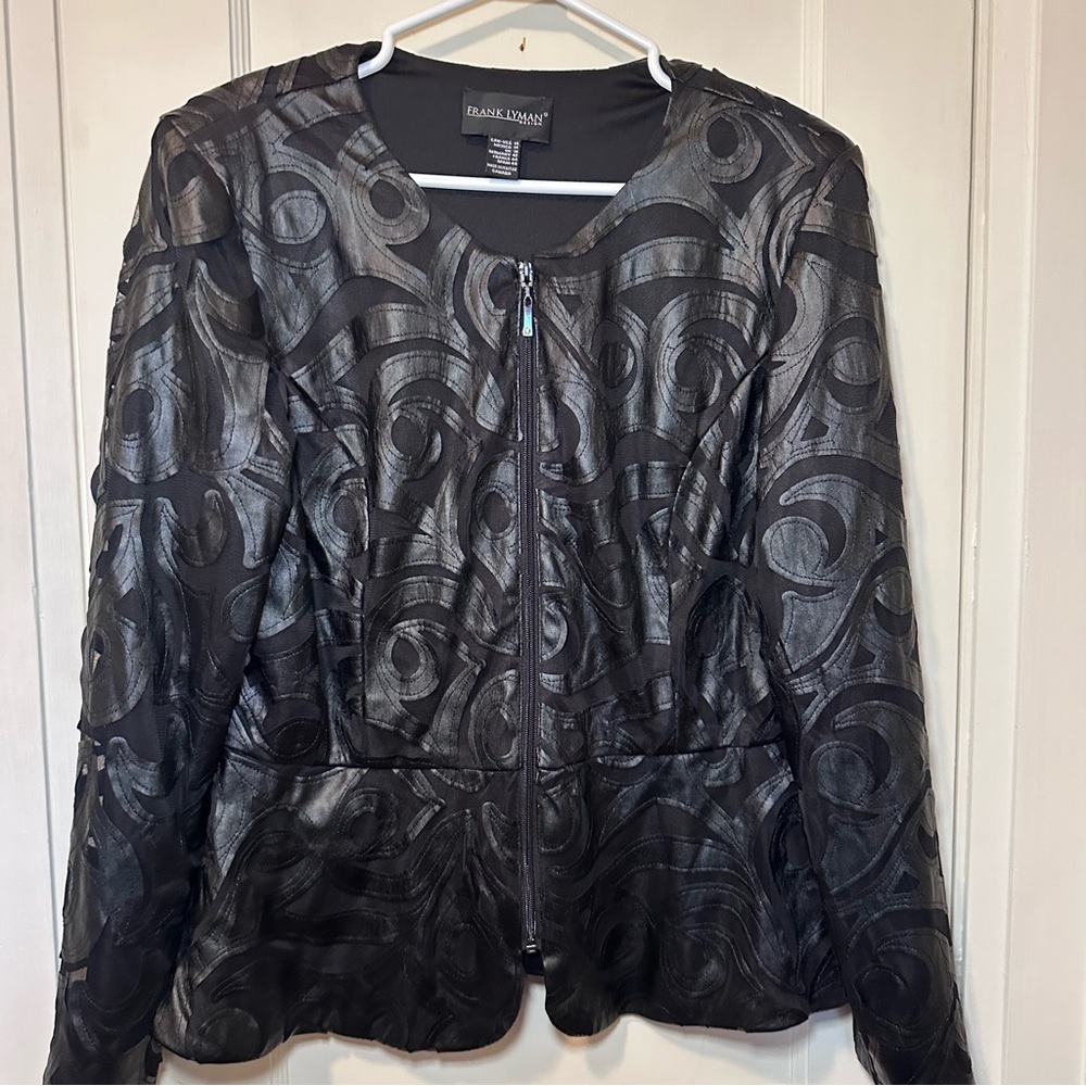 Frank Lyman Design Black Mesh & Vegan Leather Peplum Zip-up Jacket, Maximalism